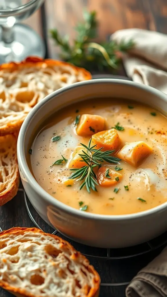 A bowl of creamy smoked salmon chowder with herbs and slices of bread on the side.