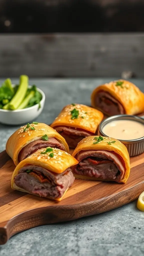 Mini Beef Wellingtons on a wooden platter with dipping sauce and garnishes