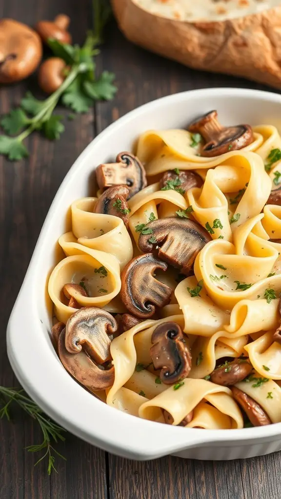 Creamy mushroom noodle casserole with egg noodles and sliced mushrooms in a white dish.