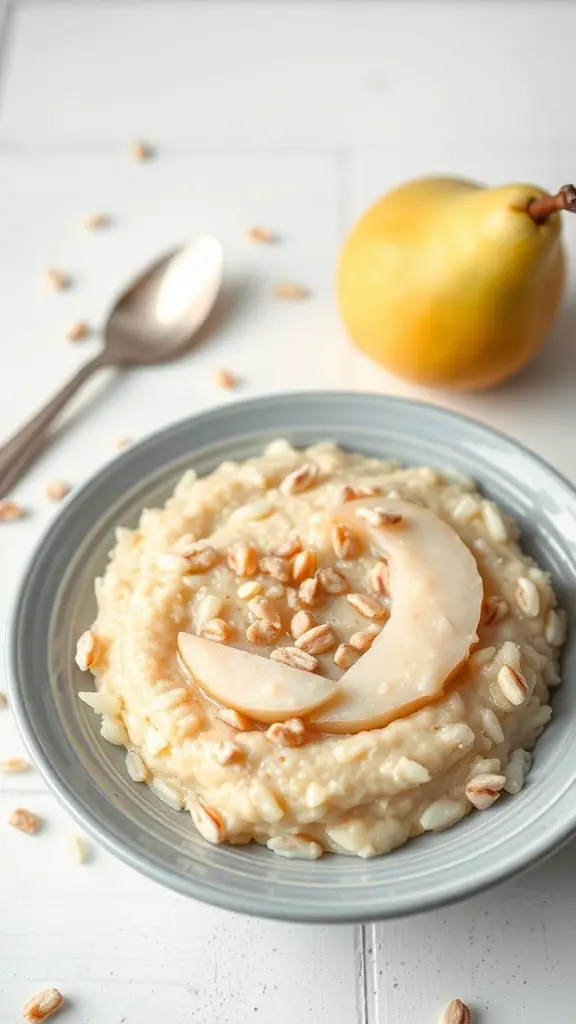 A bowl of rice cereal topped with pear slices and sprinkled with oats, with a pear in the background.