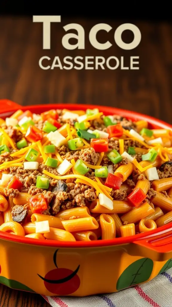 A colorful Taco Pasta Casserole with ground beef, cheese, and vegetables.