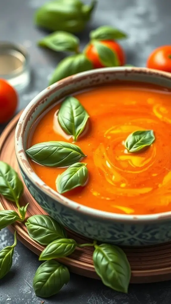 A bowl of creamy tomato basil soup garnished with fresh basil leaves, surrounded by tomatoes and basil on a wooden surface.
