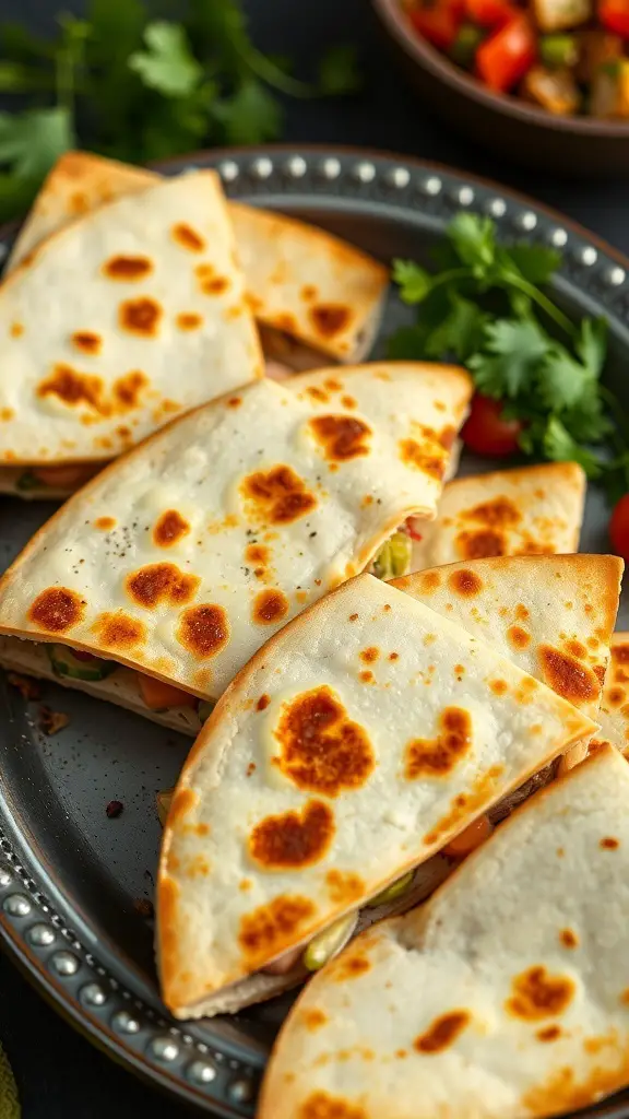 A plate of golden-brown oven-baked quesadillas with crispy edges, garnished with fresh cilantro.