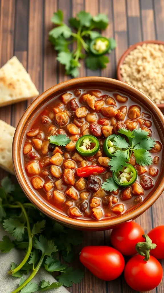 A bowl of spicy lentil and turkey chili topped with jalapeños and cilantro, with fresh tomatoes and bread on the side.
