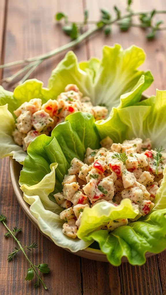 Tuna salad served in lettuce wraps on a wooden table