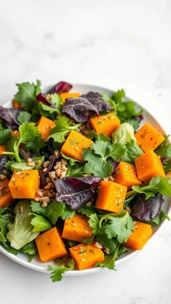 A vibrant salad featuring roasted butternut squash cubes, mixed greens, and nuts.