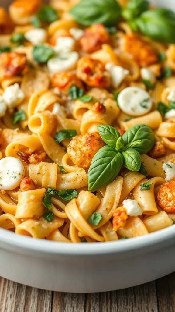 A bowl of pesto chicken noodle casserole topped with fresh basil.