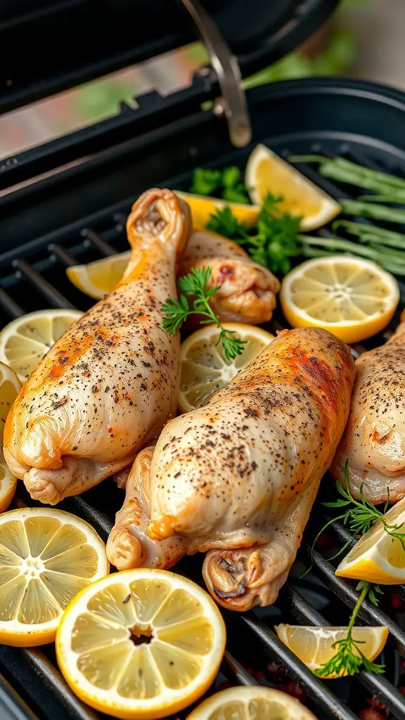 Grilled lemon pepper turkey legs with lemon slices and herbs