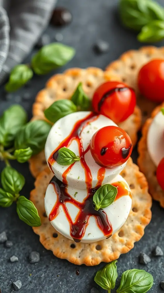 Crispy cracker topped with mozzarella, cherry tomatoes, and basil drizzled with balsamic glaze.