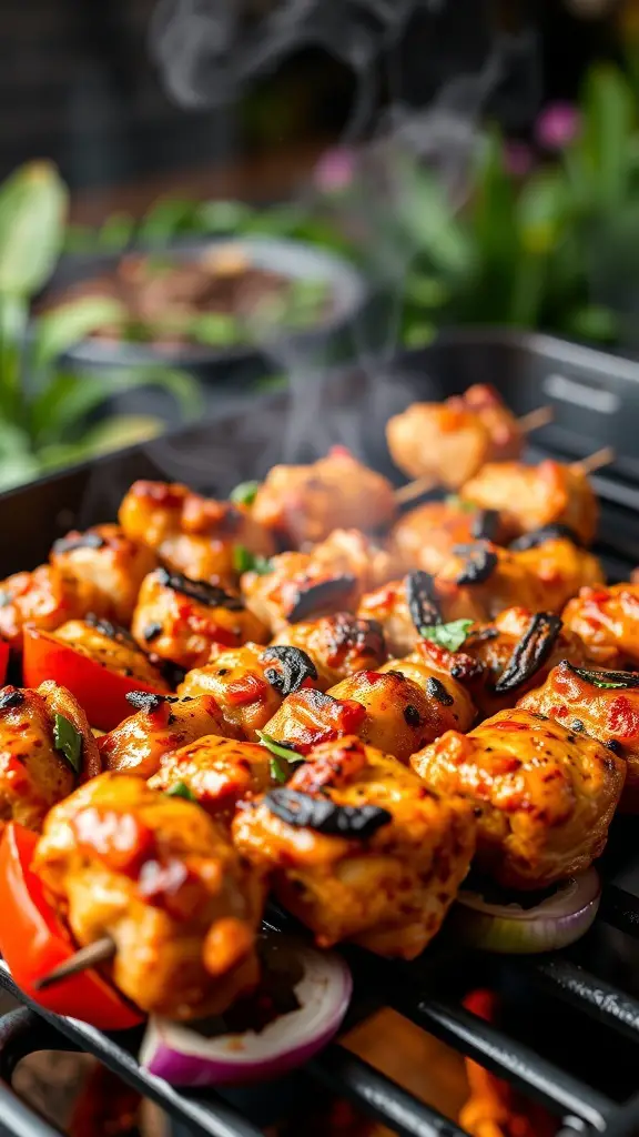 Grilled spicy Cajun chicken skewers with colorful vegetables on a grill