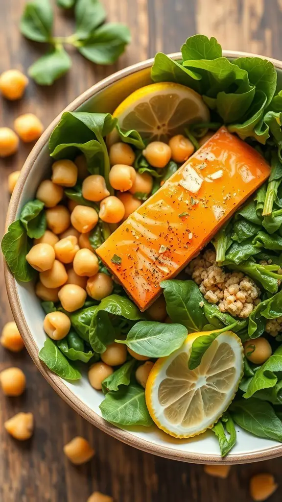 A colorful bowl of chickpea and salmon salad with greens and lemon slices.