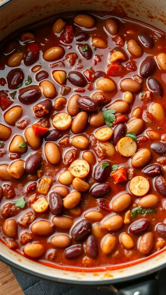 A pot of vegetarian chili with kidney beans and various other beans in a rich tomato sauce.