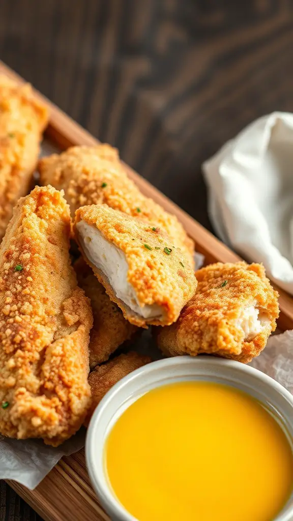 A plate of homemade chicken tenders with a bowl of dipping sauce