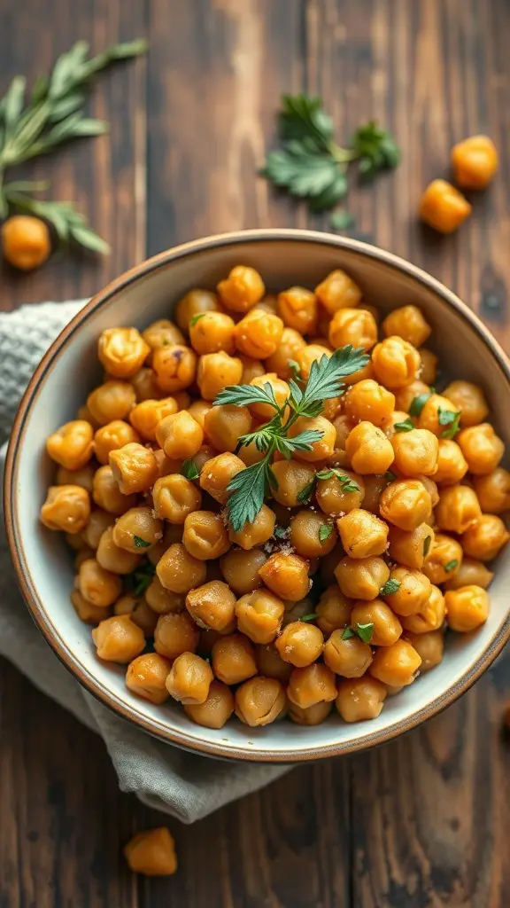 A bowl of garlic parmesan roasted chickpeas garnished with parsley on a wooden table.