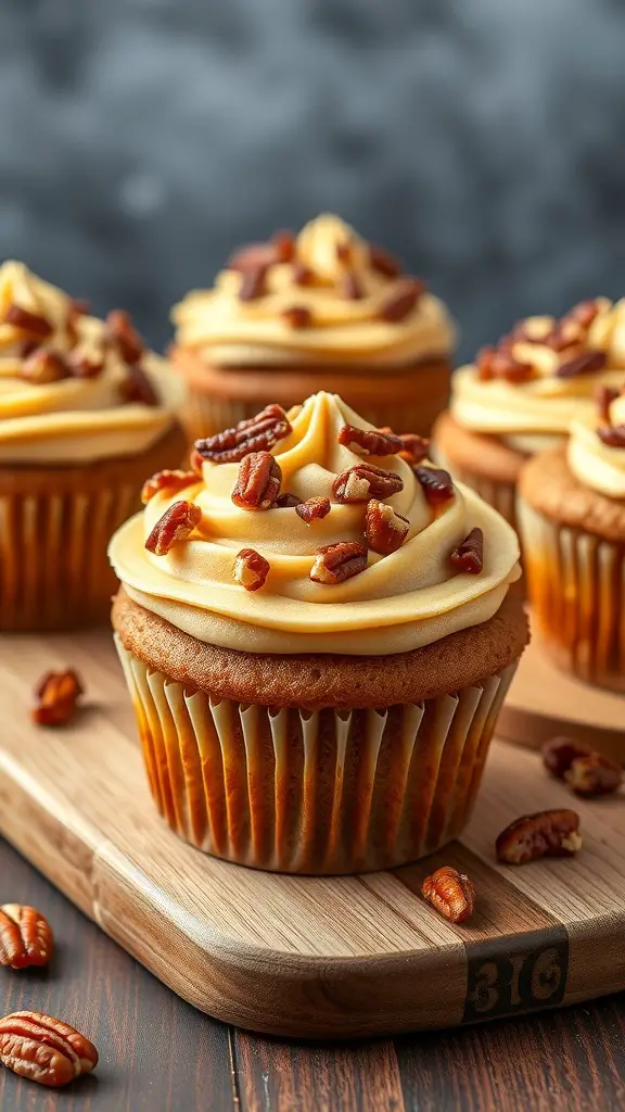 Maple Pecan Cupcakes with creamy frosting and pecans on top