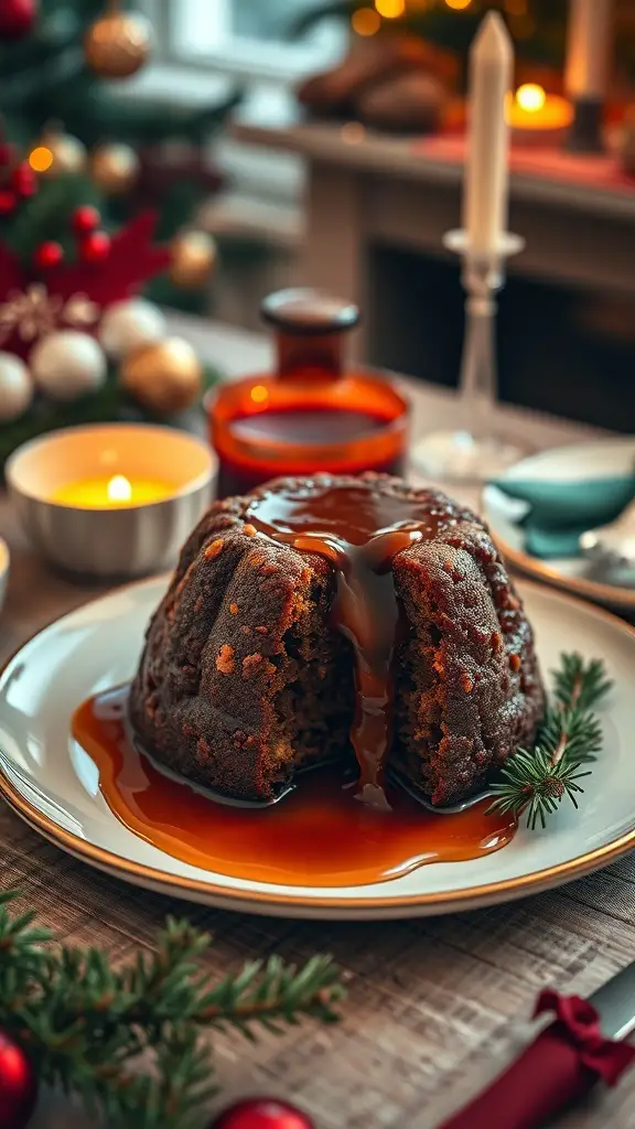 A Christmas pudding topped with brandy sauce, surrounded by festive decorations.