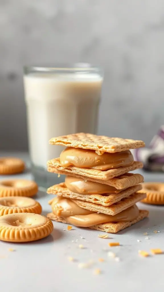 Peanut butter and Ritz cracker sandwiches stacked with a glass of milk