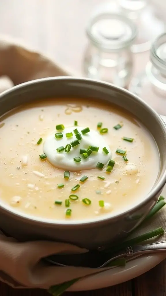 A bowl of creamy potato leek soup topped with chives and sour cream.