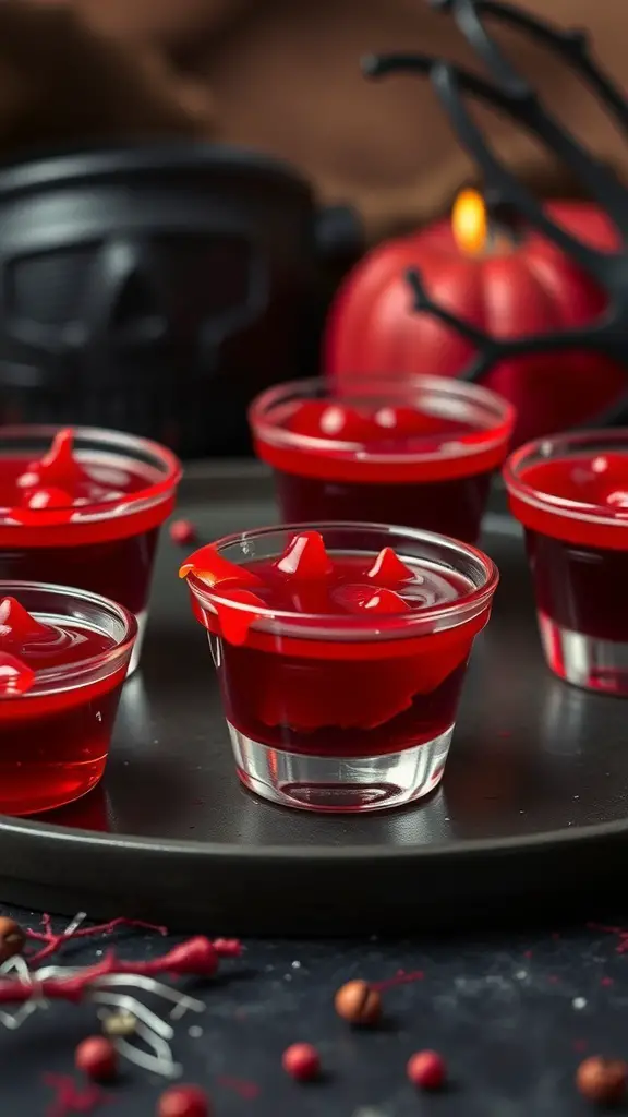 Blood Orange Vampire Bites jello shots in clear cups with red jello and Halloween decorations