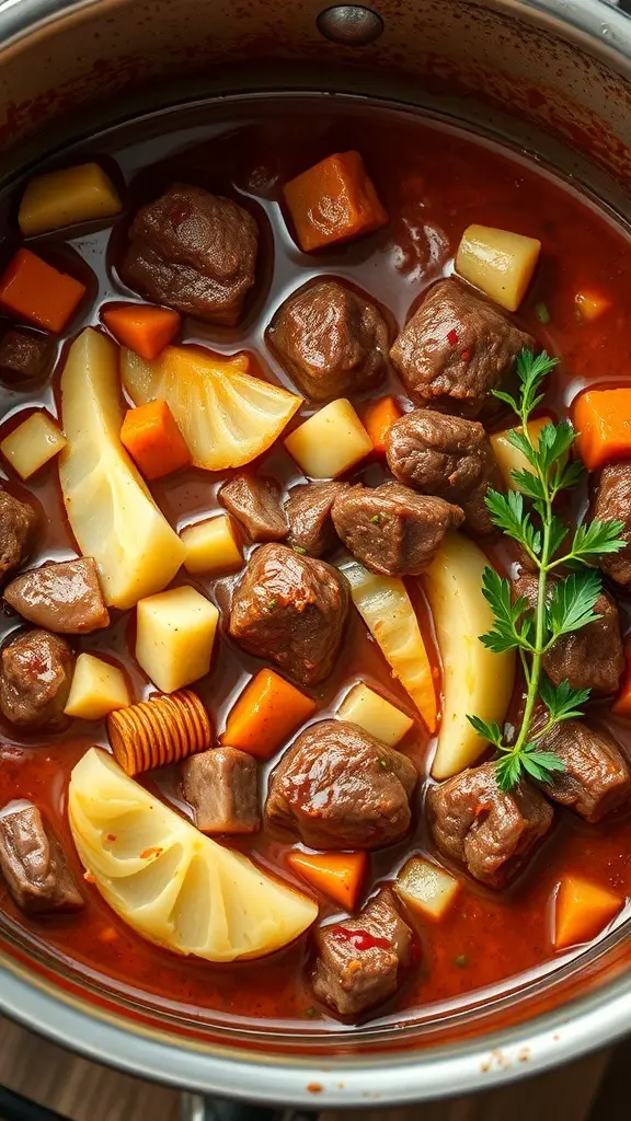 A pot of beef and cabbage stew with chunks of beef, carrots, potatoes, and cabbage in a rich broth.