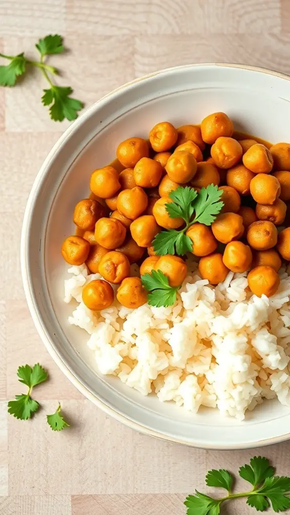 A bowl of curried chickpeas with rice, garnished with cilantro.