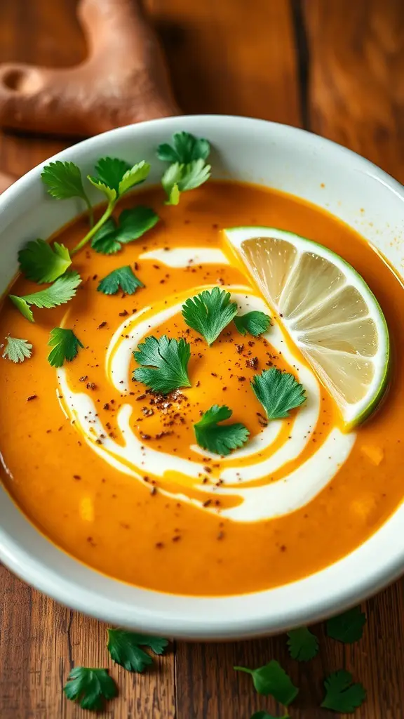 A bowl of spiced sweet potato and coconut soup garnished with cilantro and lime.