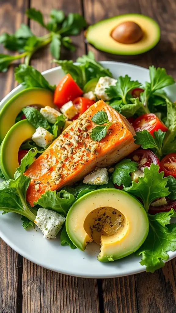 A colorful salad featuring canned salmon, avocado slices, tomatoes, and greens on a wooden table.