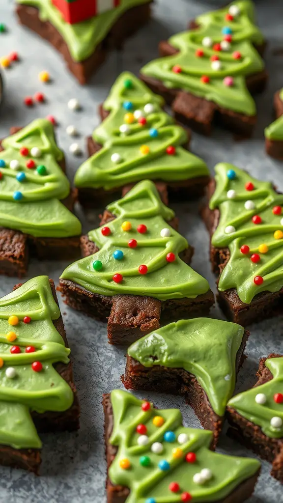 Brownies shaped like Christmas trees with green frosting and colorful sprinkles