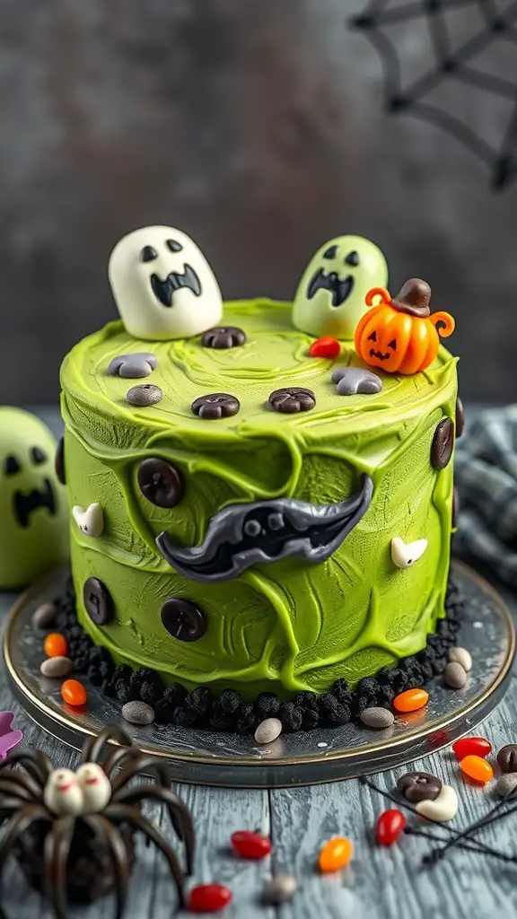 A vibrant green velvet cake decorated with ghost figures, a tiny pumpkin, and colorful candies.