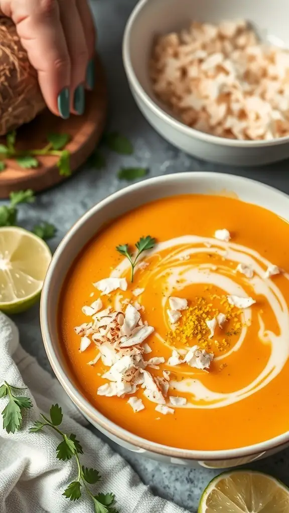 A bowl of sweet potato and coconut soup topped with coconut flakes and cilantro, with lime slices on the side.