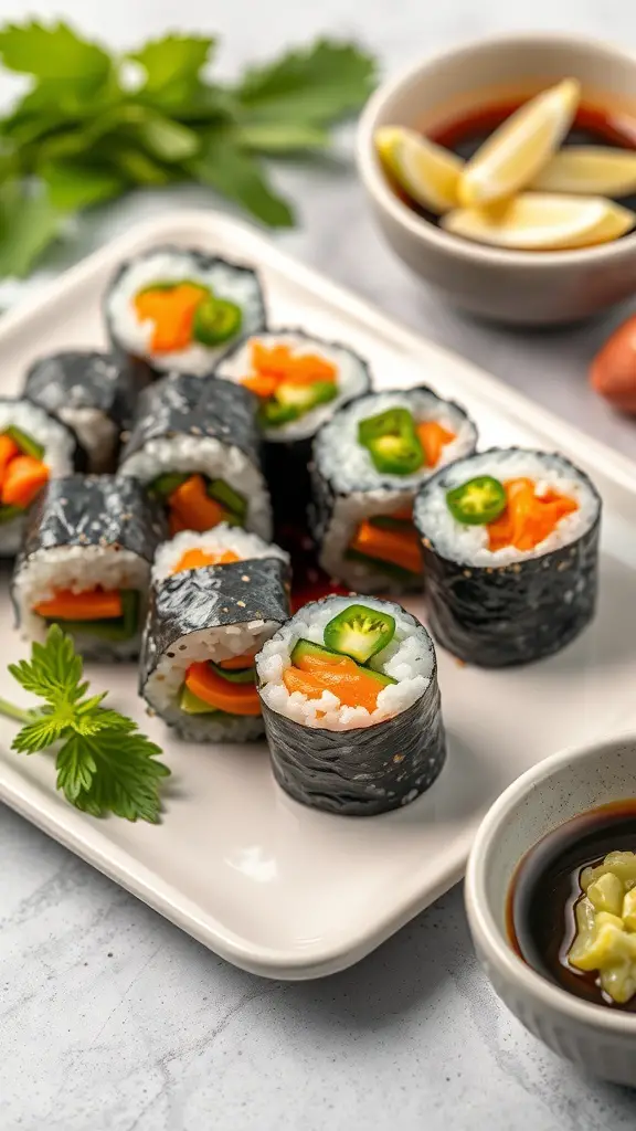A plate of vegetable sushi rolls with fresh ingredients and dipping sauces.