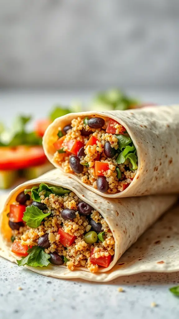 A close-up of a quinoa and black bean wrap filled with fresh vegetables, showcasing a healthy no-cook lunch option.