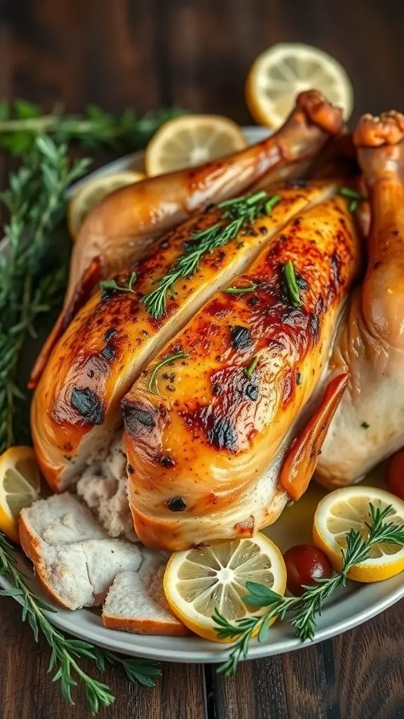 Herb-roasted wild turkey breast garnished with herbs and lemon slices