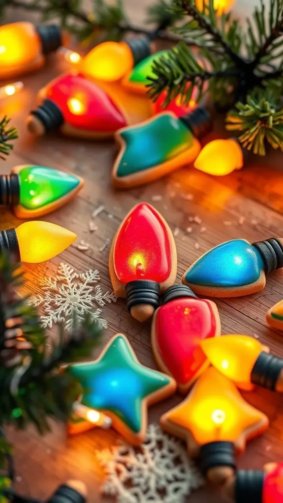 Colorful sugar cookies shaped like Christmas lights, surrounded by holiday decorations.