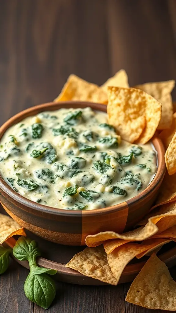 A bowl of creamy spinach and artichoke dip surrounded by tortilla chips.