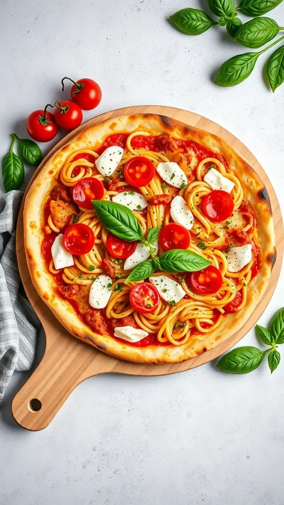 A delicious pasta pizza topped with spaghetti, mozzarella, cherry tomatoes, and fresh basil on a wooden pizza board.
