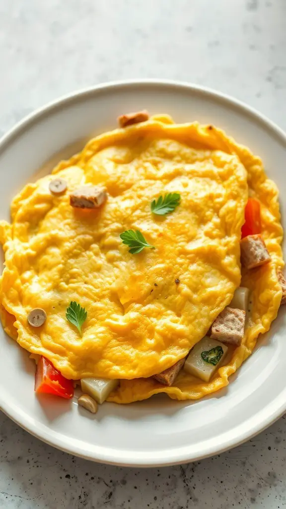 A fluffy omelette filled with vegetables and bread pieces on a plate.