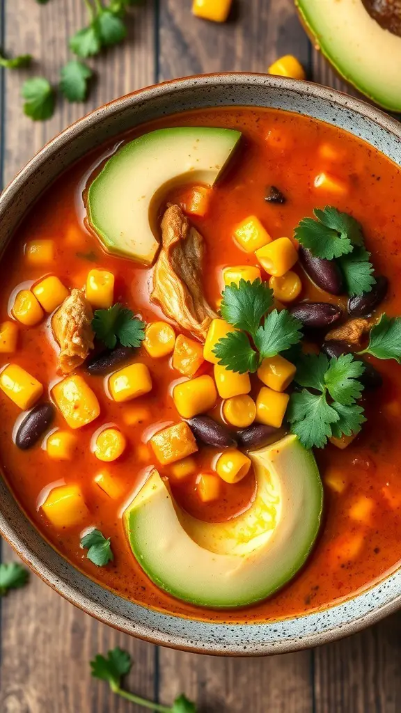 A bowl of spicy southwest chicken soup with corn, black beans, and avocado slices on top.