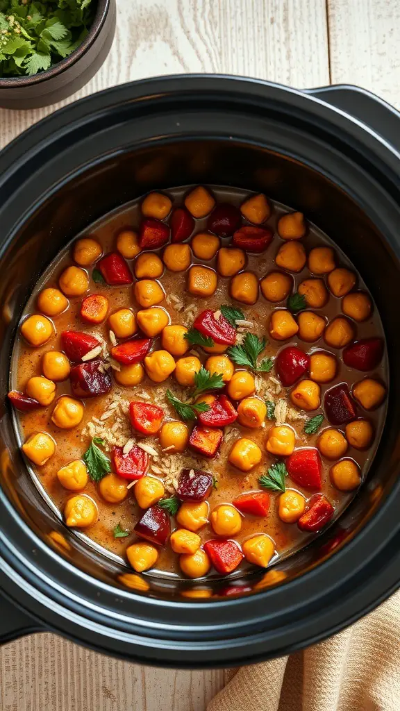 A close-up view of Moroccan Chickpea Tagine in a crockpot, featuring chickpeas, red peppers, and herbs.