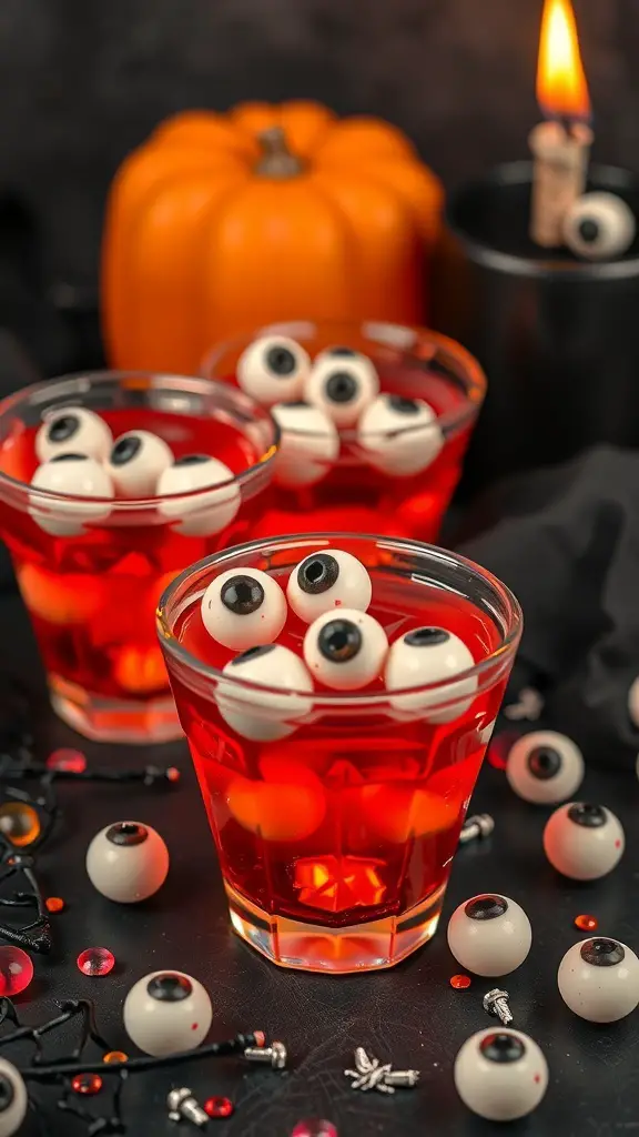 Eerie Eyeball Jello Shots with gummy eyeballs in red jello
