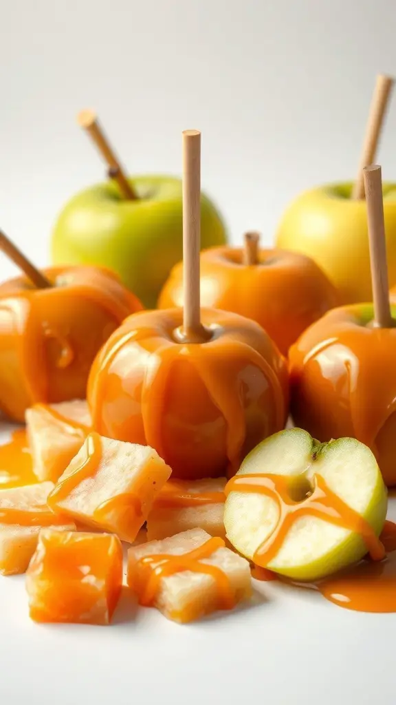 Caramel apples with a shiny coating and apple slices drizzled with caramel