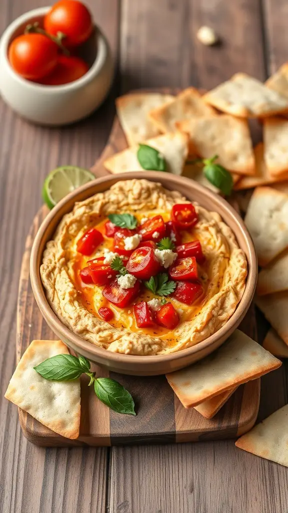 A bowl of roasted red pepper and feta dip topped with diced tomatoes and herbs, served with pita chips.