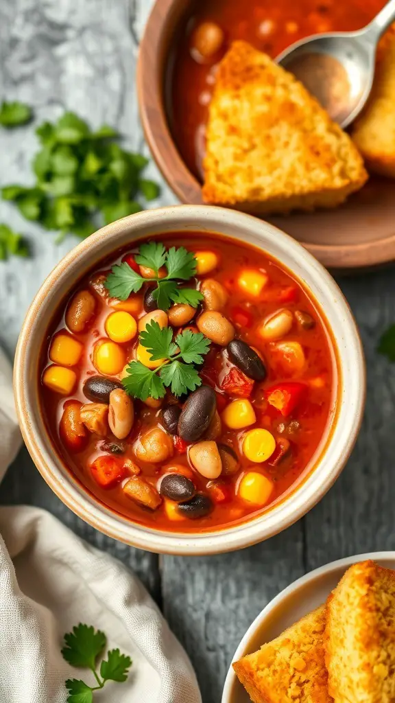 A bowl of spicy chili with beans and corn, garnished with cilantro, next to a piece of cornbread.
