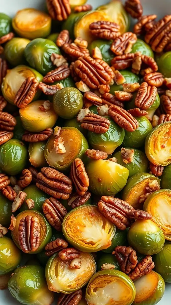A close-up of maple glazed Brussels sprouts with pecans.
