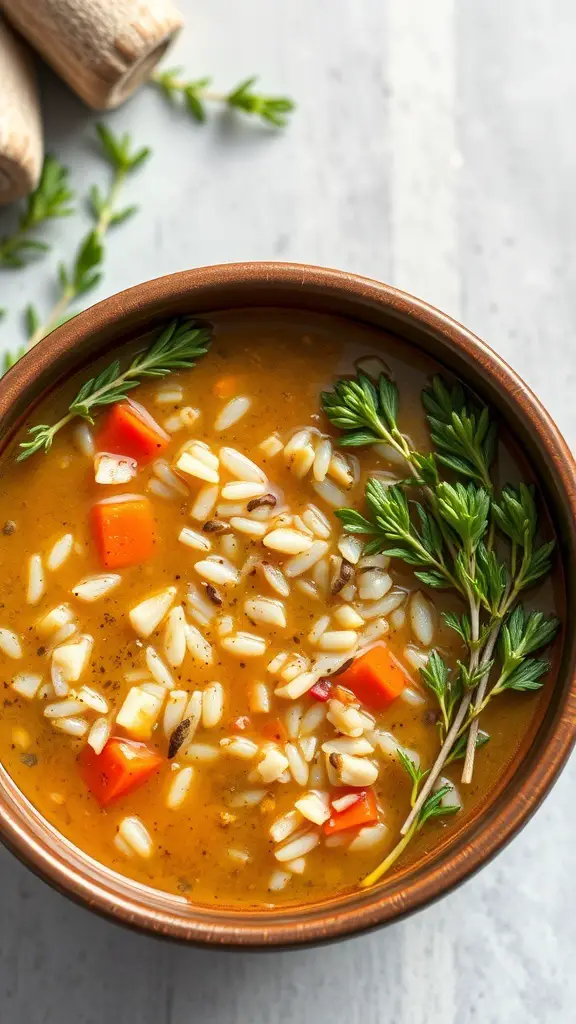 A bowl of Herbed Turkey and Wild Rice Soup with colorful vegetables and herbs.