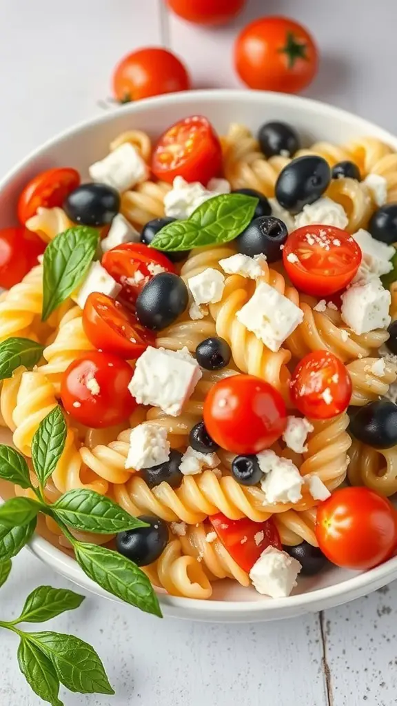 A bowl of cavatappi pasta salad with cherry tomatoes, black olives, feta cheese, and fresh basil.