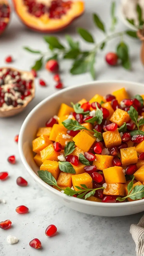 A bowl of butternut squash salad with pomegranate seeds and fresh herbs, surrounded by pomegranate halves.