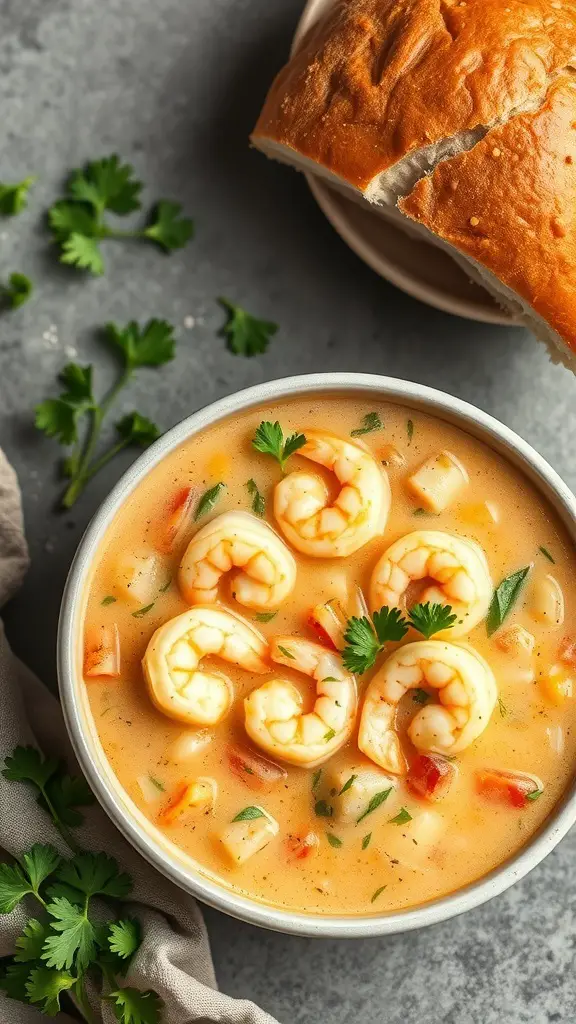 A bowl of shrimp and vegetable chowder with a piece of bread on the side.
