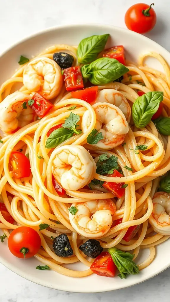 A plate of shrimp fettuccine primavera with shrimp, cherry tomatoes, and basil.
