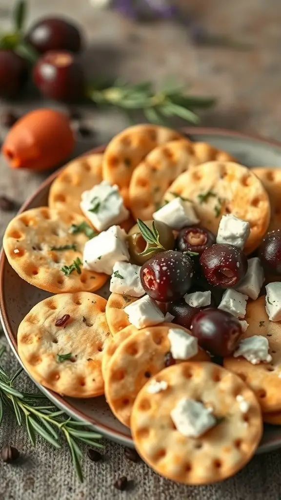 A plate of Mediterranean Herb Oyster Crackers topped with feta cheese and olives, garnished with herbs.